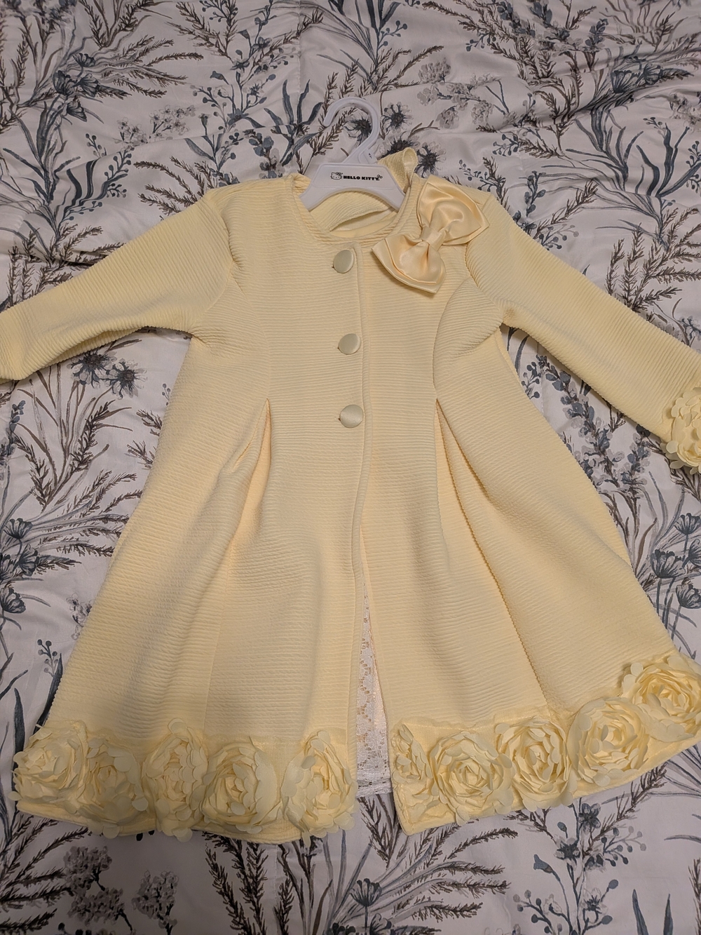 Girls Pale Yellow Floral Trim Coat with Bow